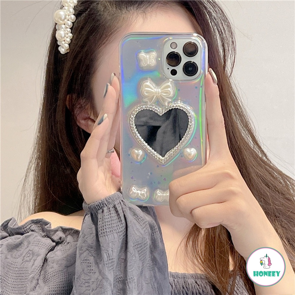 Ốp điện thoại tpu mềm chống sốc đính nơ phối gương trang điểm cho iPhone 13 12 11 pro max x xs xr 8 7 plus | BigBuy360 - bigbuy360.vn