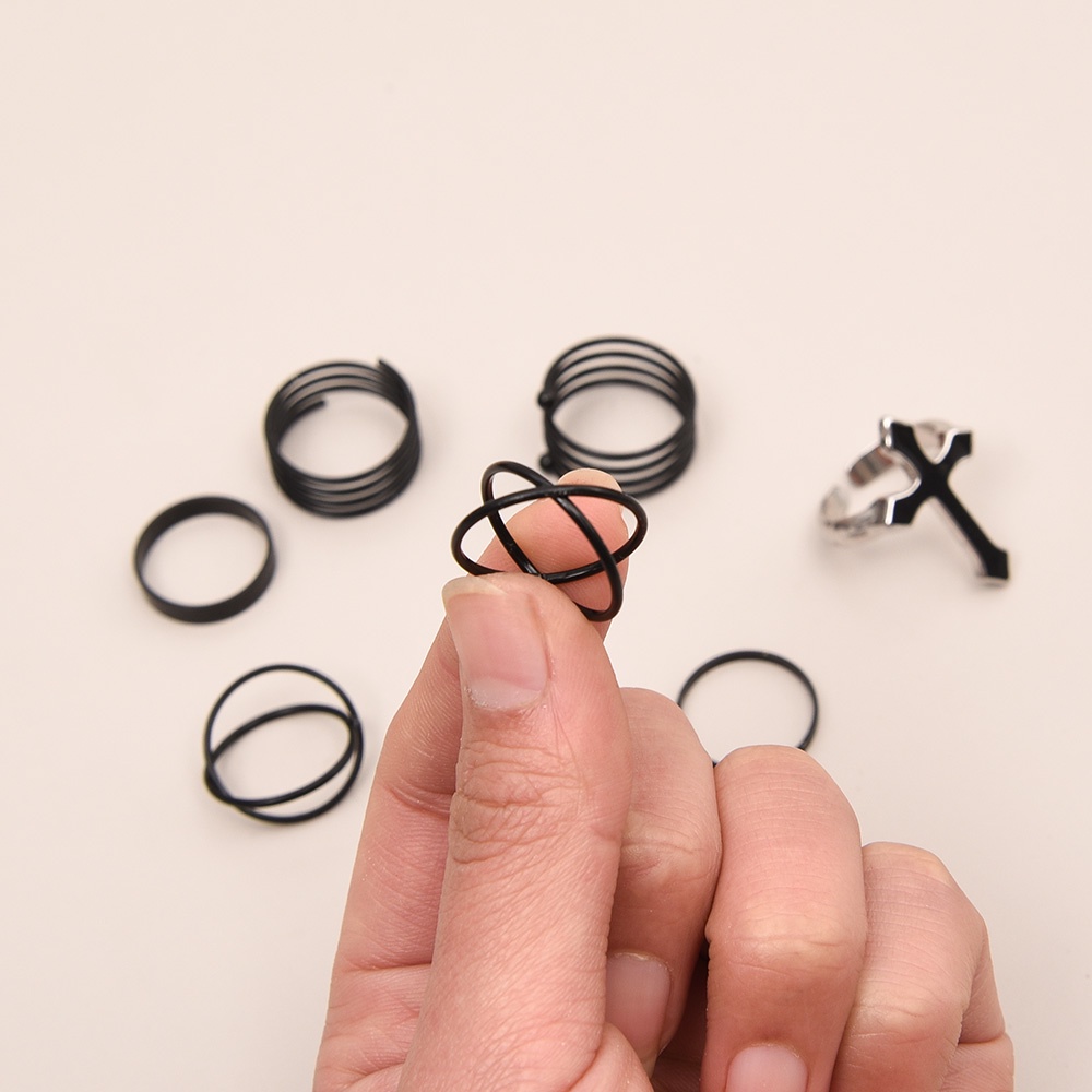 Set 3/6 Nhẫn Hở Màu Đen Trơn Mỏng Phong Cách Punk Vintage Có Thể Điều Chỉnh