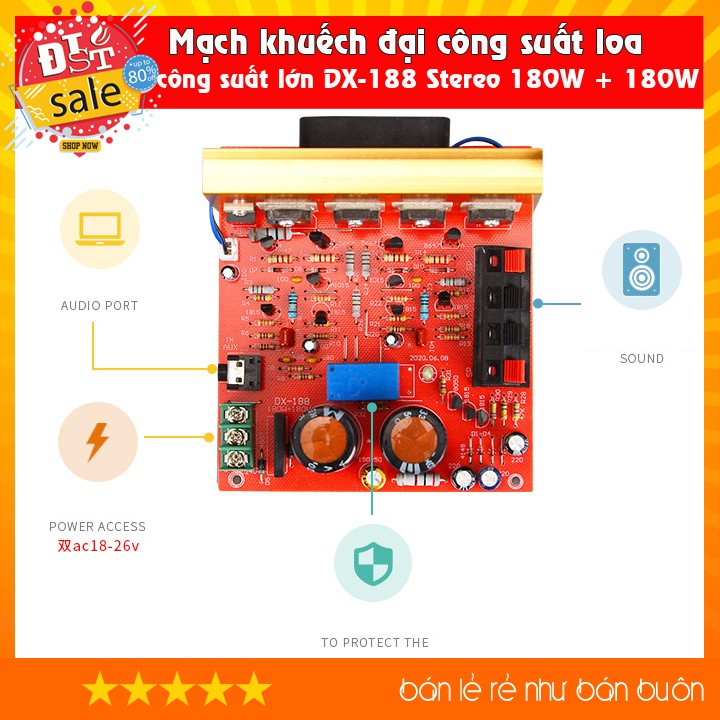 Mạch khuếch đại công suất loa công suất lớn DX-188 Stereo 180W + 180W - Tích hợp quạt và relay bảo vệ