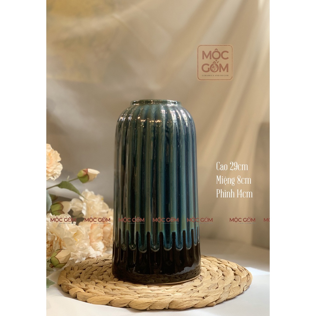 Bình gốm dáng lồng chim men xanh hỏa biến cao cấp  Bát Tràng trang trí nội thất đẹp Mộc Gốm MG18