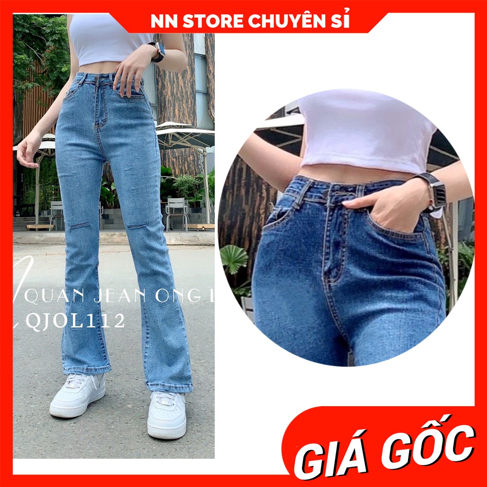 Quần jean dài ống loe suông ống rộng chất jean cao cấp co giãn thoải mái phom ôm dáng lưng phối kiểu dễ thương