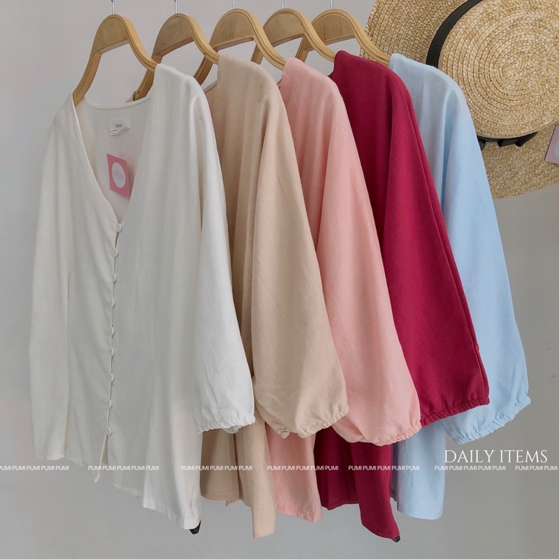 Áo kiểu nữ cổ V hàng nút tay lửng bo chun nhiều màu dễ phối đồ freesize Pumi