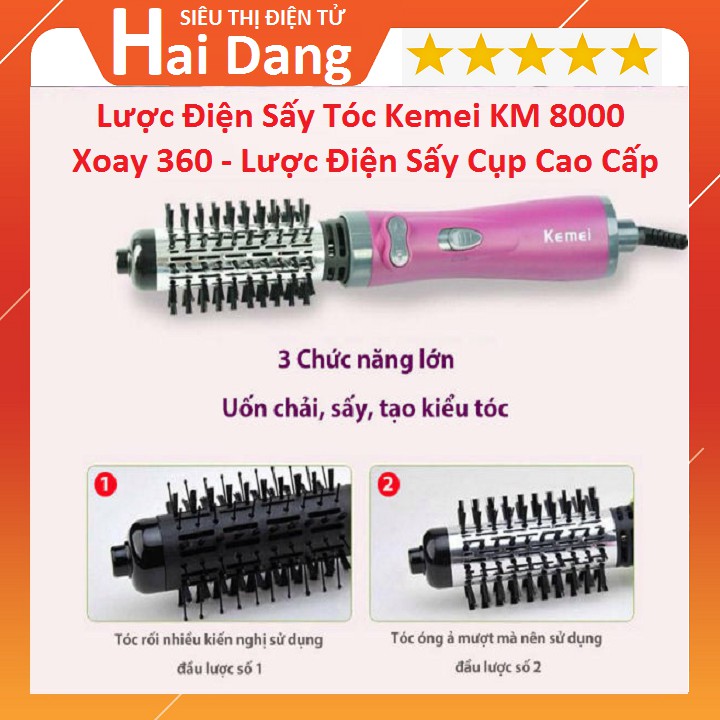 Lược Điện Kemei KM 8000 Lược Điện Xoay 360 Sấy Tóc Sấy Cụp Cao Cấp Đa Năng - uốn - duỗi - làm xoăn