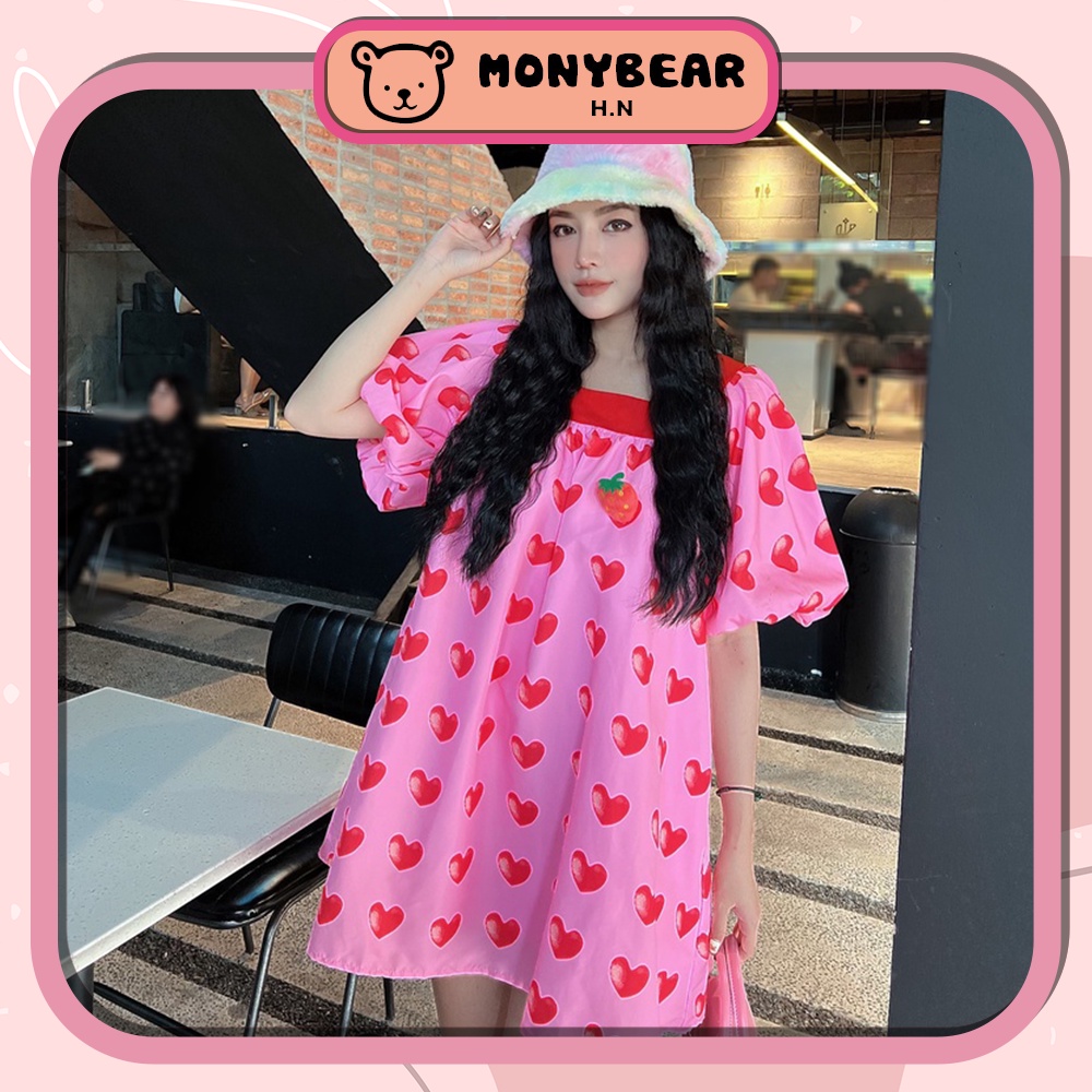 Váy Babydoll Trái Tim Gắn Dâu Cổ Vuông Tay Phồng - HN340