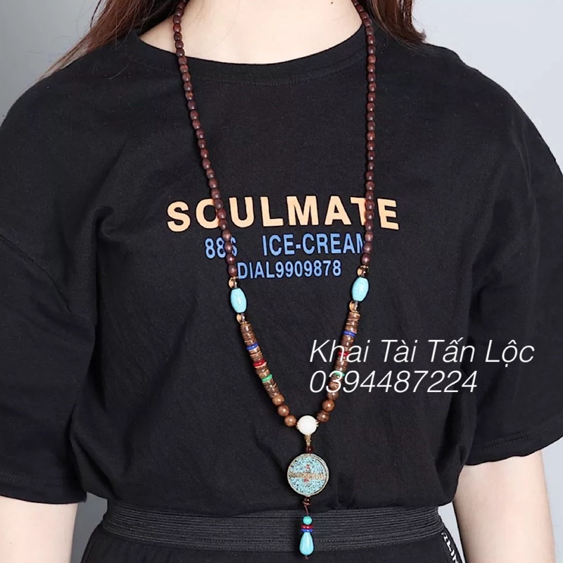 Vòng cổ chuỗi hạt gỗ lục tự Om mani padme hum và Ngọc lam Tây Tạng