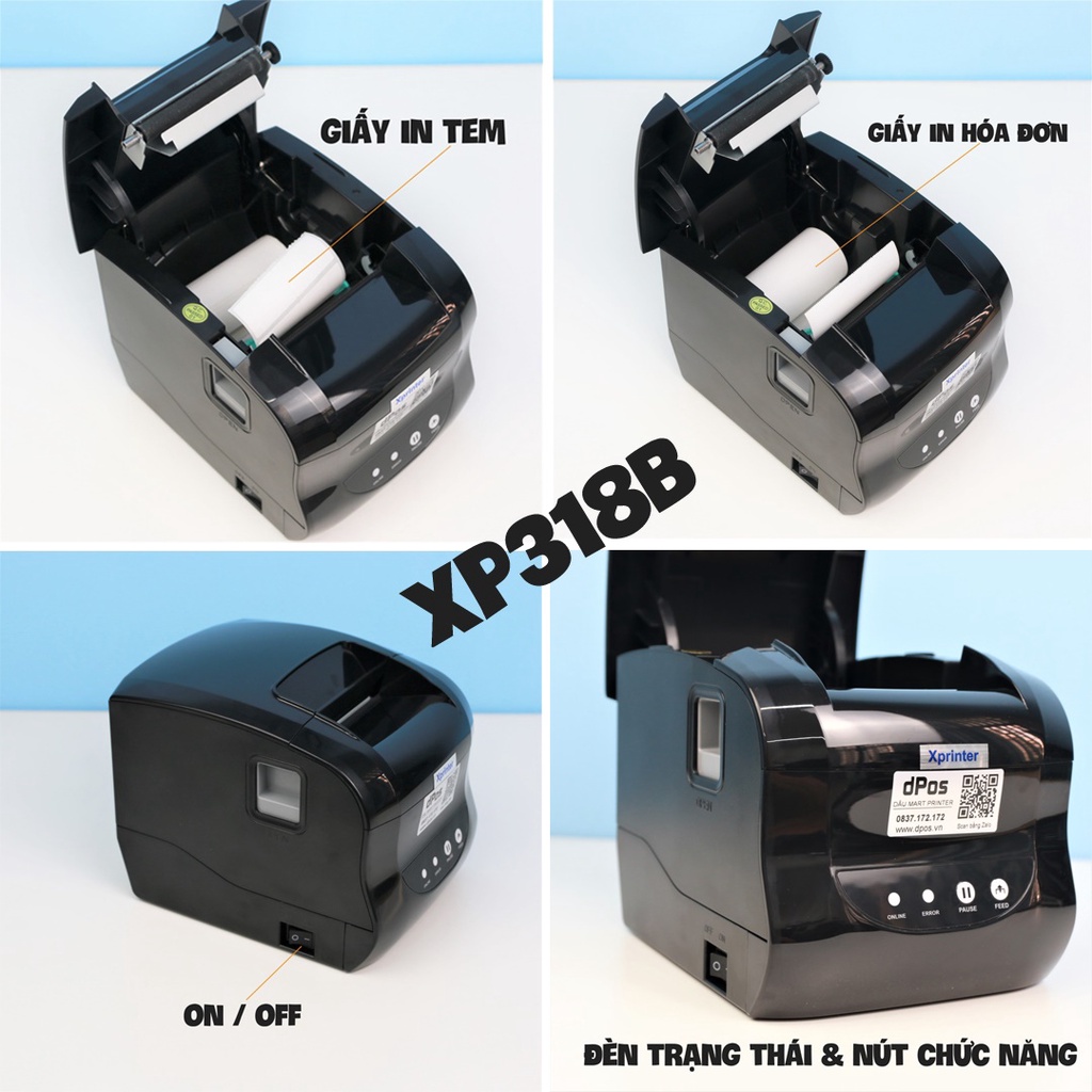 Máy in dPos Xprinter XP350B và XP318B in tem nhãn mã vạch Minicode, tem phiếu vận chuyển và in Bill hóa đơn cửa hàng