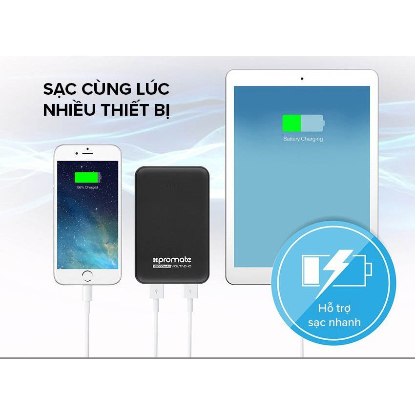 Sạc dự phòng  Promate Voltag-10 10000mAh - Cổng Sạc UltraFast (5V/2.1A &amp; 5V/1A) Siêu Nhỏ Gọn