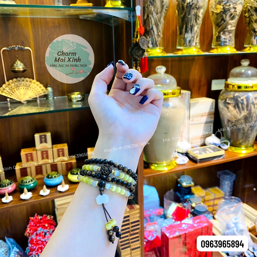Chuỗi Trầm Hương Sánh chìm 96 hạt 6mm phối Hoa Sen Trầm và Ngoc bích - đá - Vòng Tay Hoa Gỗ tự nhiên Nam Nữ phong thuỷ