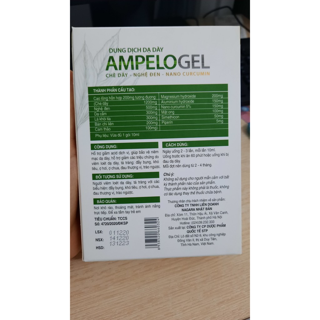 Dung dịch dạ dày Ampelogel, trào ngược, viêm loét dạ dày,giảm đau nhanh (18 gói)