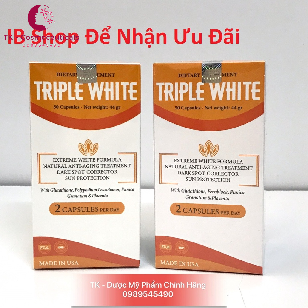 TRIPLE WHITE Viên Uống Trắng Da Glutathione 1200mg, Chống Nắng, Giảm Thâm Nám, Chống Lão Hoá - 50 Viên