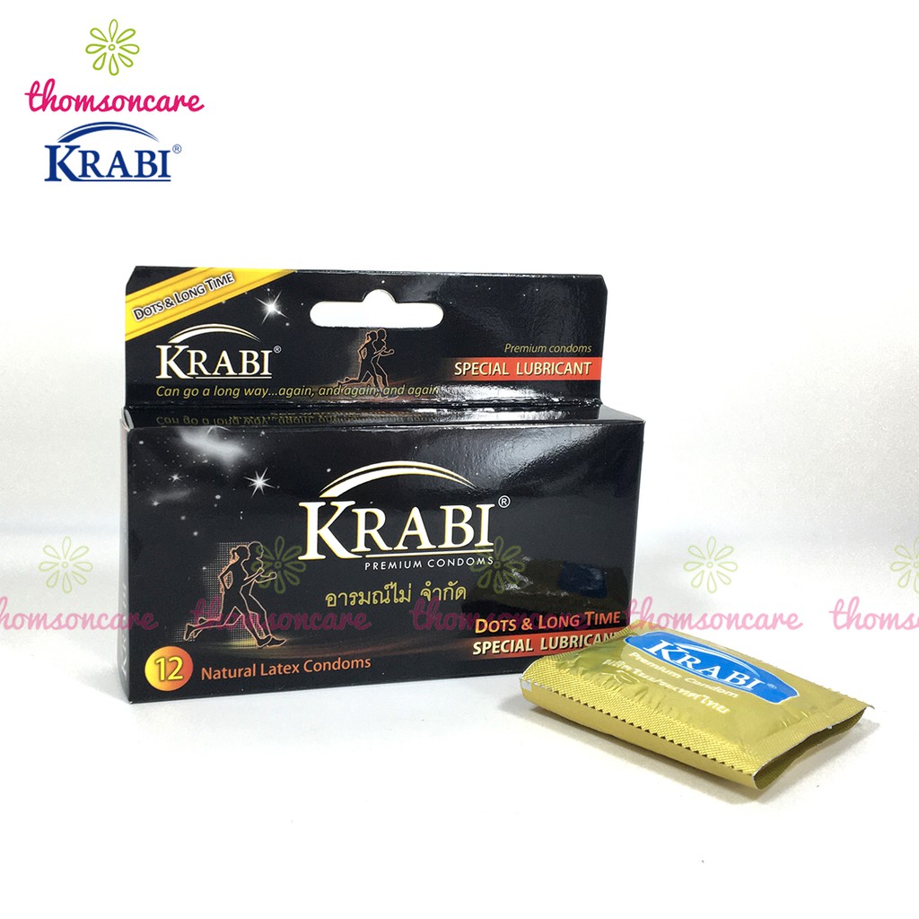 Bao cao su Krabi - bcs gân gai siêu mỏng, kéo dài thời gian bôi trơn, 49mm đôn dên - Hộp 12 chiếc condom từ Thái Lantốt