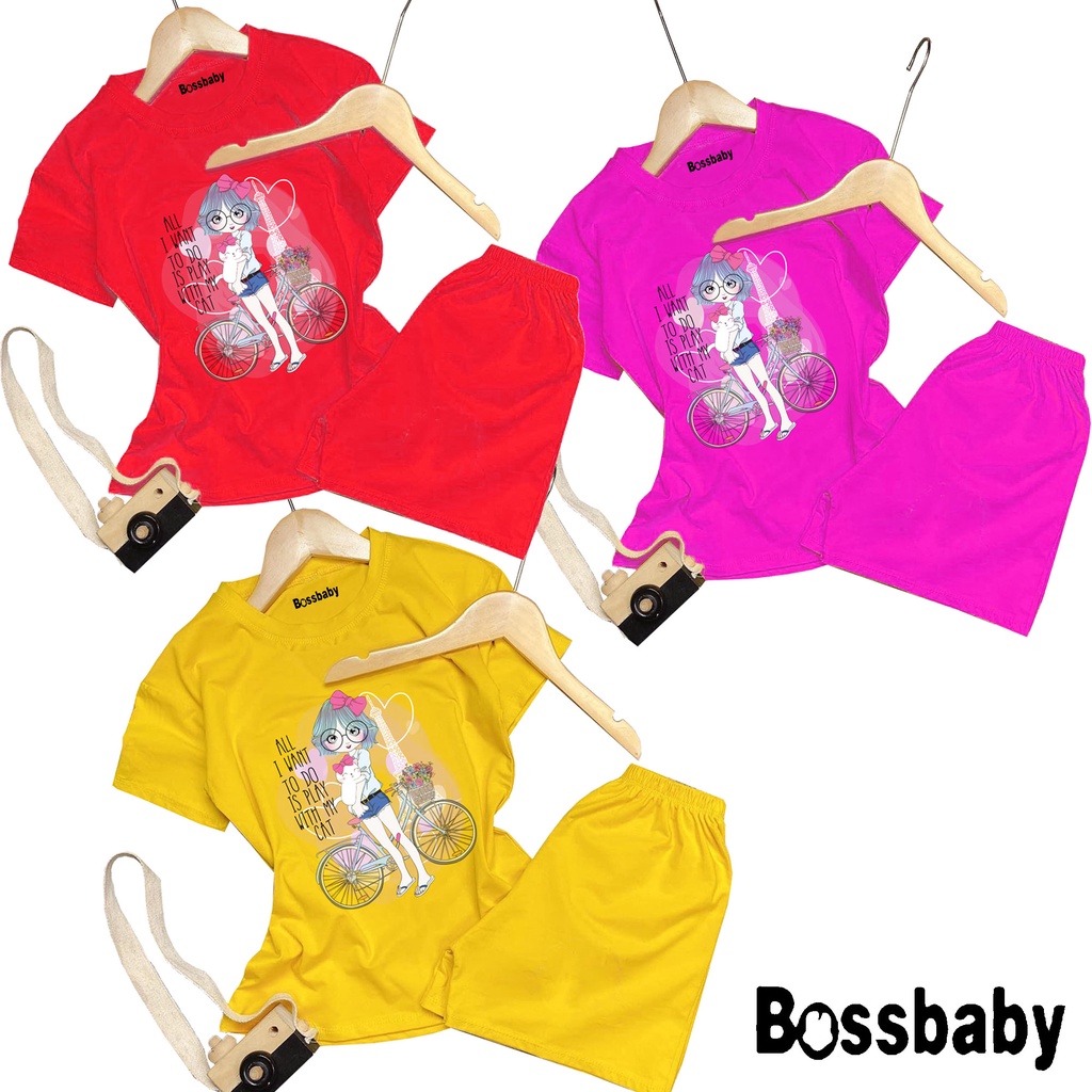 Sét 3 Bộ Áo Quần bé gái hình cô gái ôm thỏ cài nơ đứng bên xa đạp bộ bé gái từ 6kg-26kg.BDBG34.