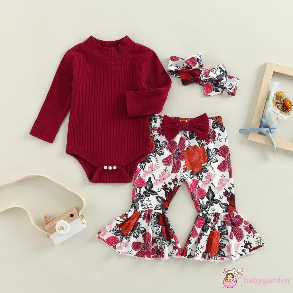 Bộ Áo Liền Quần Tay Dài Cổ Cao Màu Trơn + Quần Dài Ống Loe In Hoa + Băng Đô Cài Tóc Thời Trang Mùa Thu Cho Bé Gái 0-18 Tháng Tuổi