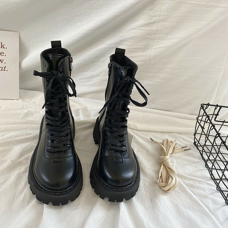 BOOT NỮ CAO. CỔ ĐẾ CAO CHẤT DA XỊN CÓ DÂY ĐEN VÀ TRẮNG / BOOTS CAO CỔ NỮ ĐẾ CAO DA XỊN