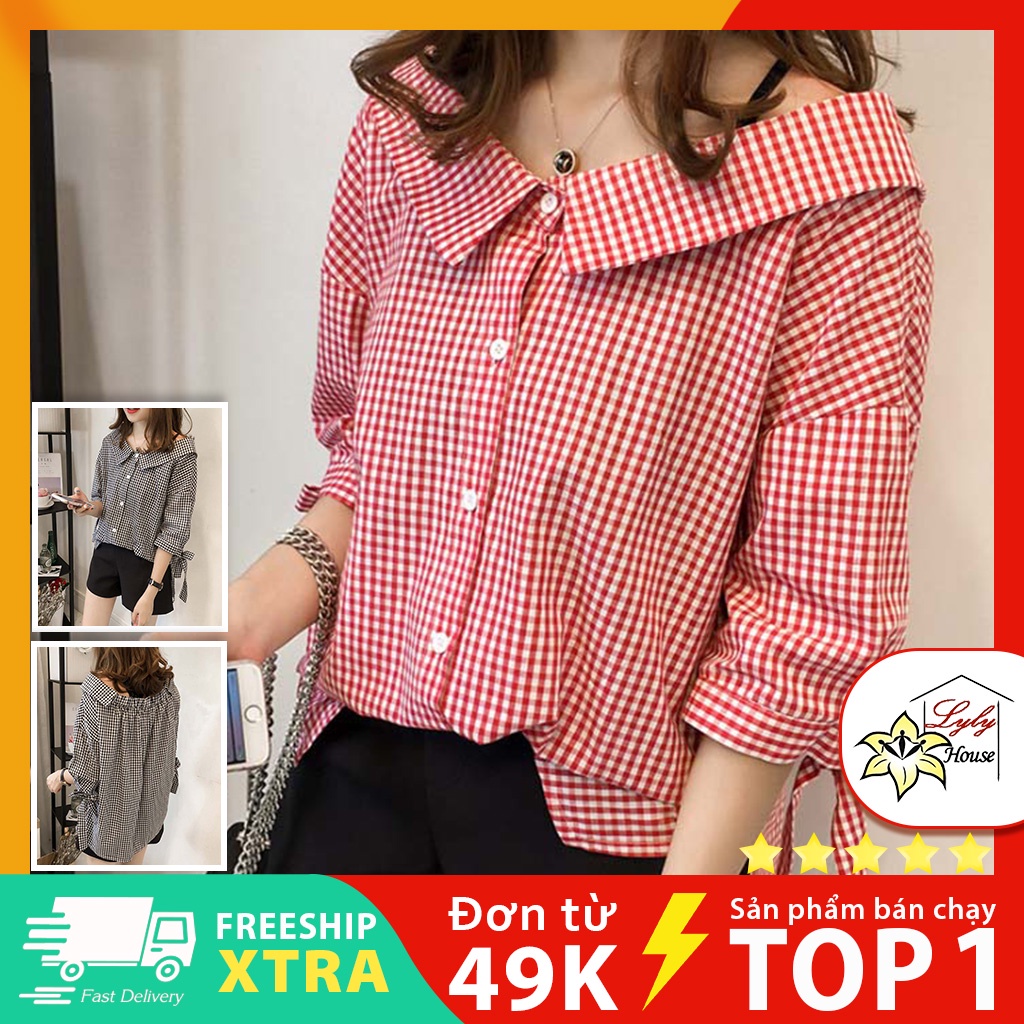 Áo sơ mi nữ công sở đẹp form rộng họa tiết caro tay lửng có size m đến 4xl