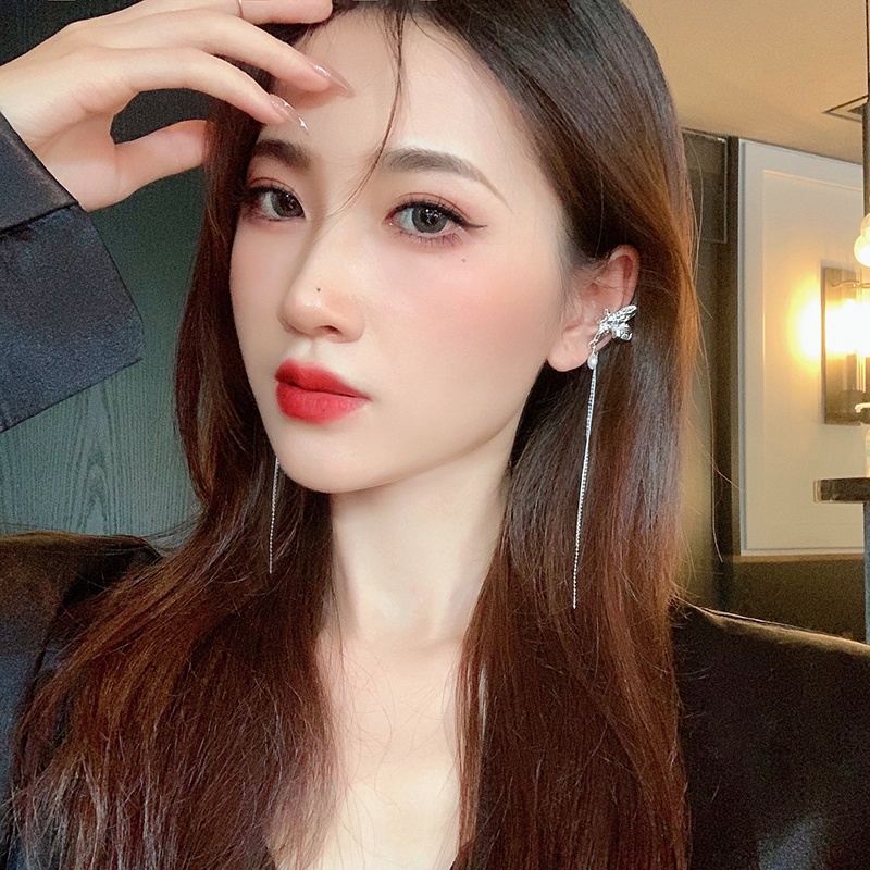 Bông tai thiết kế dáng dài thanh lịch bằng kim loại không cần xỏ lỗ