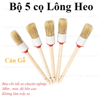 Bộ 5 cây cọ LÔNG HEO cán gỗ vệ sinh chi tiết dành cho oto xe máy rửa xe