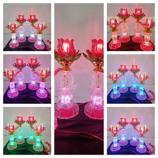 Đèn trang trí, đôi đèn led bàn thờ sen thủy tinh đổi màu ba chức năng cao 25cm - 32cm