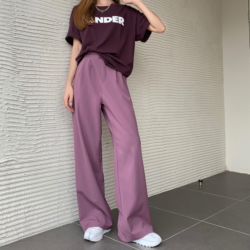 (Order Taobao) Quần tây màu tím than ống suông ulzzang style + áo thun nâu phối chữ (TB)