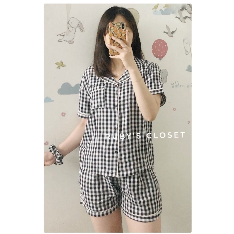 Bộ pijama nữ cộc tay kẻ nhiều màu, Đồ bộ nữ mặc nhà kèm chun buộc tóc