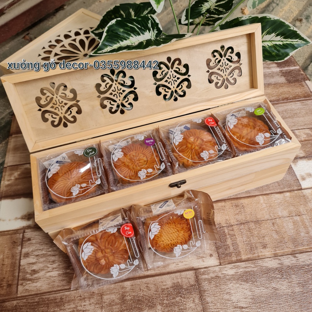 Hộp đựng bánh trung thu handmade, đựng bánh kẹo tết bằng gỗ 4 bánh, 6 bánh, 8 bánh.