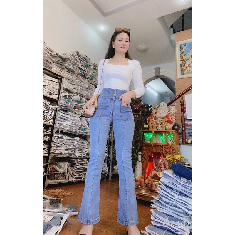 Quần Jeans Ống Loe Nữ Lưng Siêu Cao Co Giãn