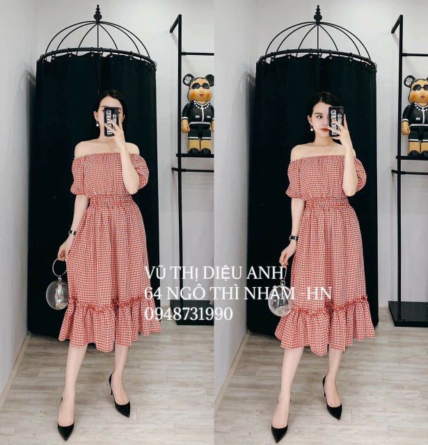 Red Checked Long Dress - Đầm Trễ Vai Caro Dáng Dài