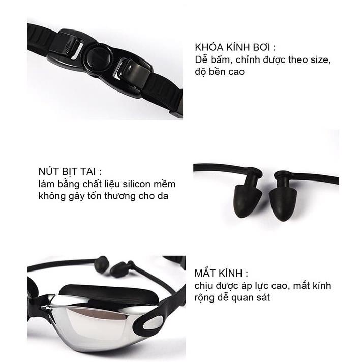 Sét 3 món kính bơi tráng gương, mũ bơi, nút bịt tai, kẹp mũi chống sặc nước