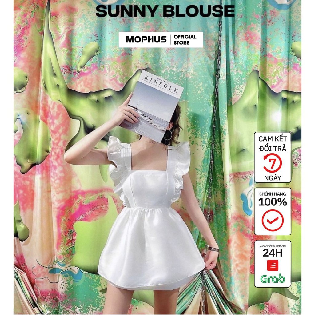 Áo babydoll cổ vuông vai bèo trắng thắt nơ lưng kiểu bánh bèo đen trắng Mophus - MA013