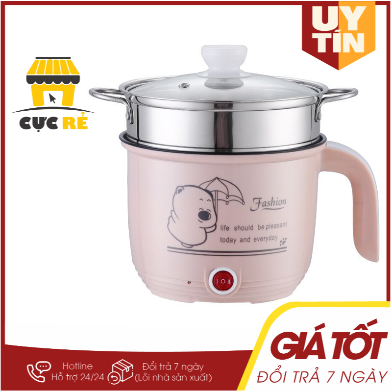 Ca Nấu Mì, Nấu Cơm Đa Năng Có Tay Cầm 1,8L [HÀNG HIỆU] Nồi Lẩu Điện Mini Kèm Giá Hấp INOX