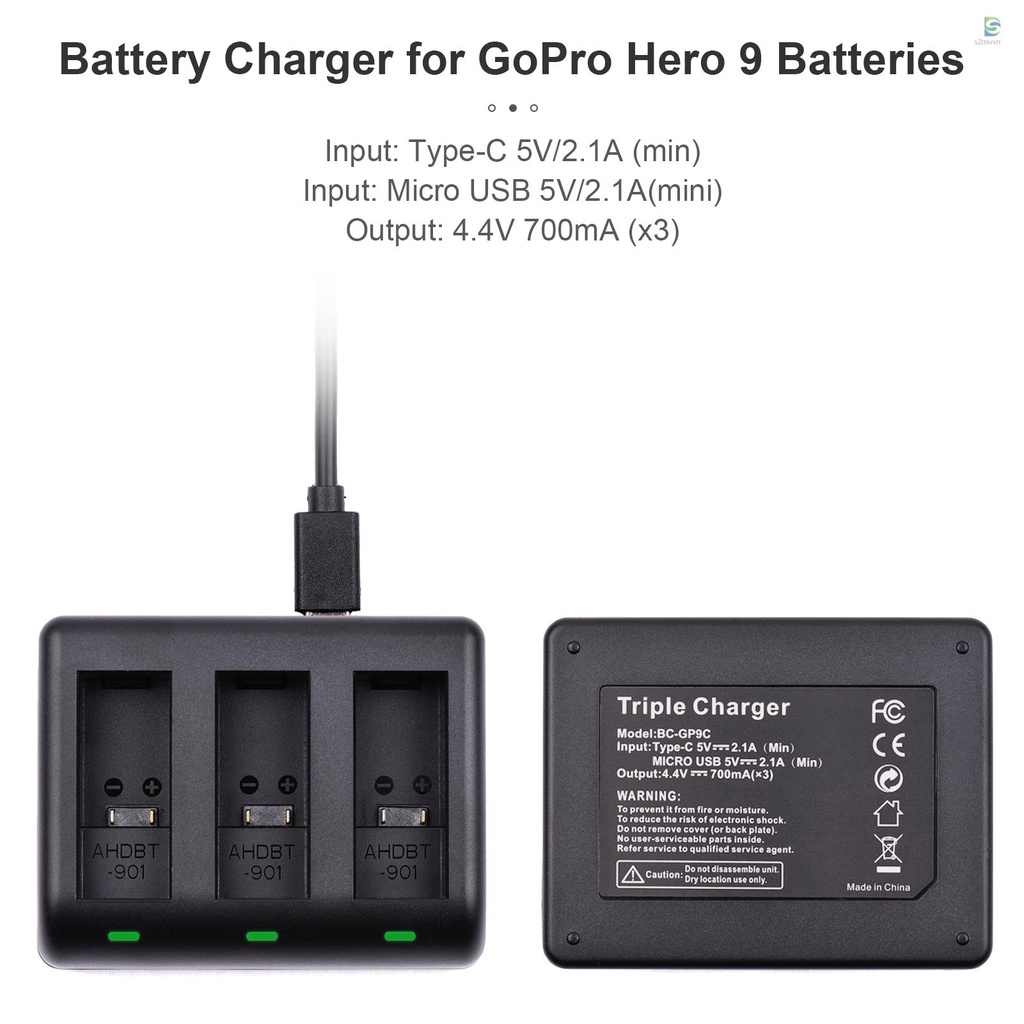 Bộ sạc pin 3 khe micro USB &amp; Type-C cho GoPro Hero 9 10