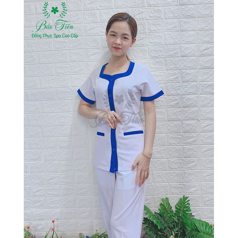 Bộ Đồng Phục Spa - Thẩm Mỹ Cao Cấp Màu Trắng Viền Xanh Dương