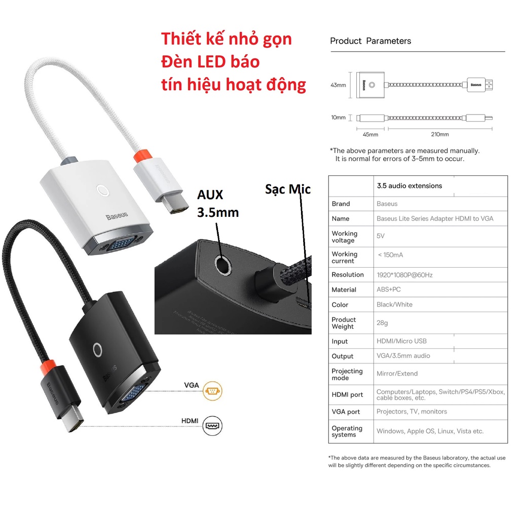 Đầu chuyển HDMI ra VGA hỗ trợ Audio Baseus Lite Series BS-OH011 (Bản AUX)