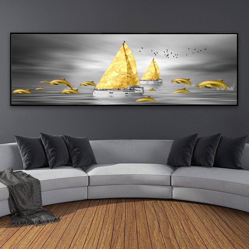 Tranh vải bạt treo tường trang trí hình chiếc thuyền và bầu trời hiện đại