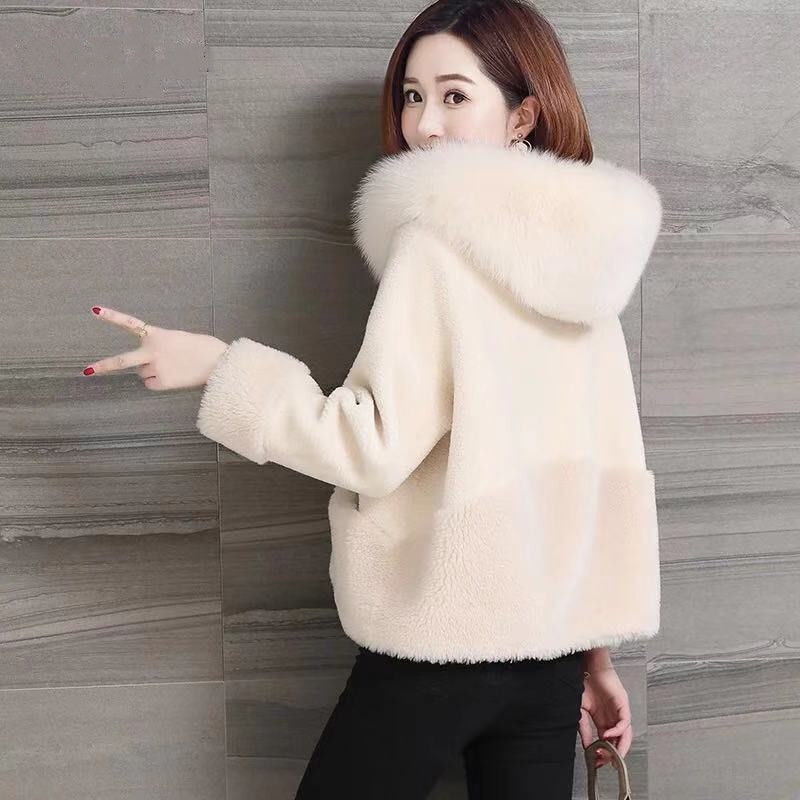 Áo khoác lông cừu có mũ trùm đầu phối lông phong cách Hàn Quốc thu đông cho nữ