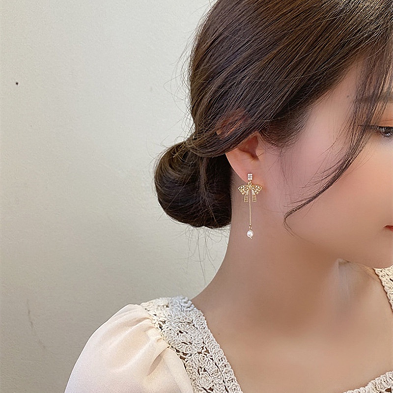 Hoa tai bạc 925 thiết kế kiểu nơ đính ngọc trai giả thời trang dành cho nữ