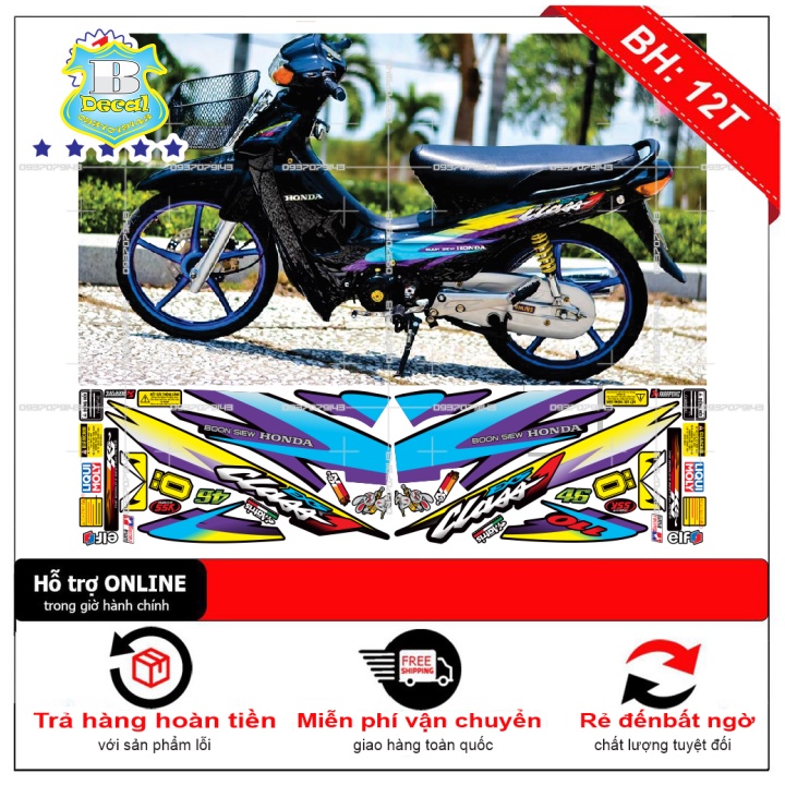 ( Quí khách vui lòng mang ra tiệm cho thợ dán ) Tem wave nhỏ đời đầu Class tím xanh