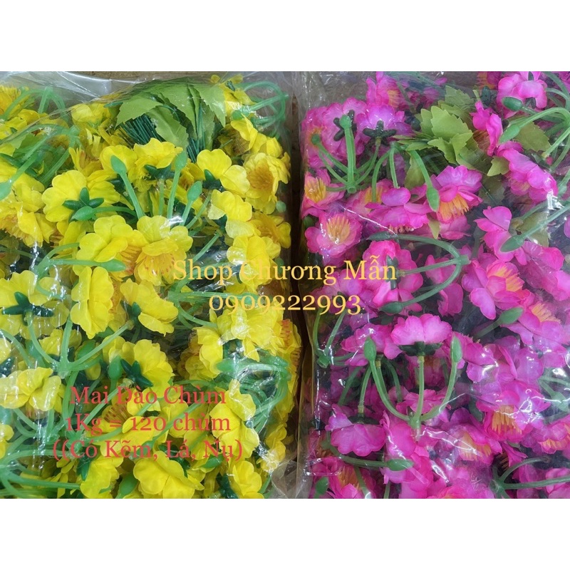 1KG Bông Mai Đào Giả Cao Cấp Rời và Chùm [Kèm Lá, Nụ, Búp] Trang Trí Cây Tết