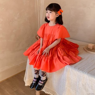 Đầm công chúa tay phồng cổ tròn màu trơn phong cách Hàn Quốc thời trang mùa hè dành cho bé gái từ 3-8 tuổi