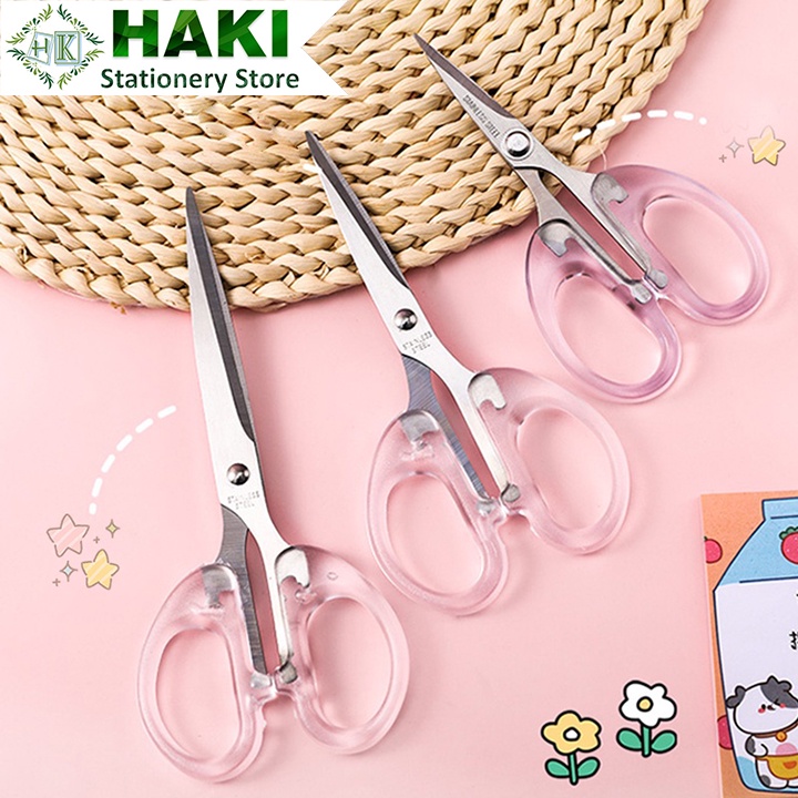 Kéo cắt giấy HAKI, kéo cắt thủ công lưỡi thép khồng gỉ tay cầm trong suốt tiện lợi trang trí sổ lưu niệm K02