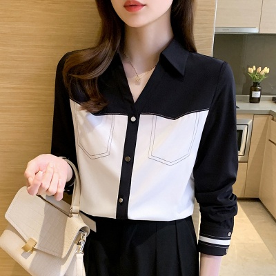 Áo Sơ Mi Voan Tay Dài Cổ Chữ v Dáng Rộng Màu Sắc Cổ Điển Phong Cách Hồng Kông Thời Trang Cho Nữ