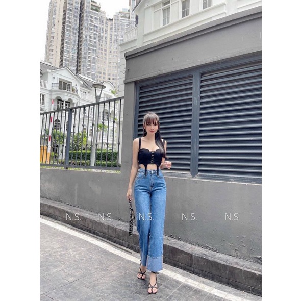 Quần jean suông gập gấu hàng L1