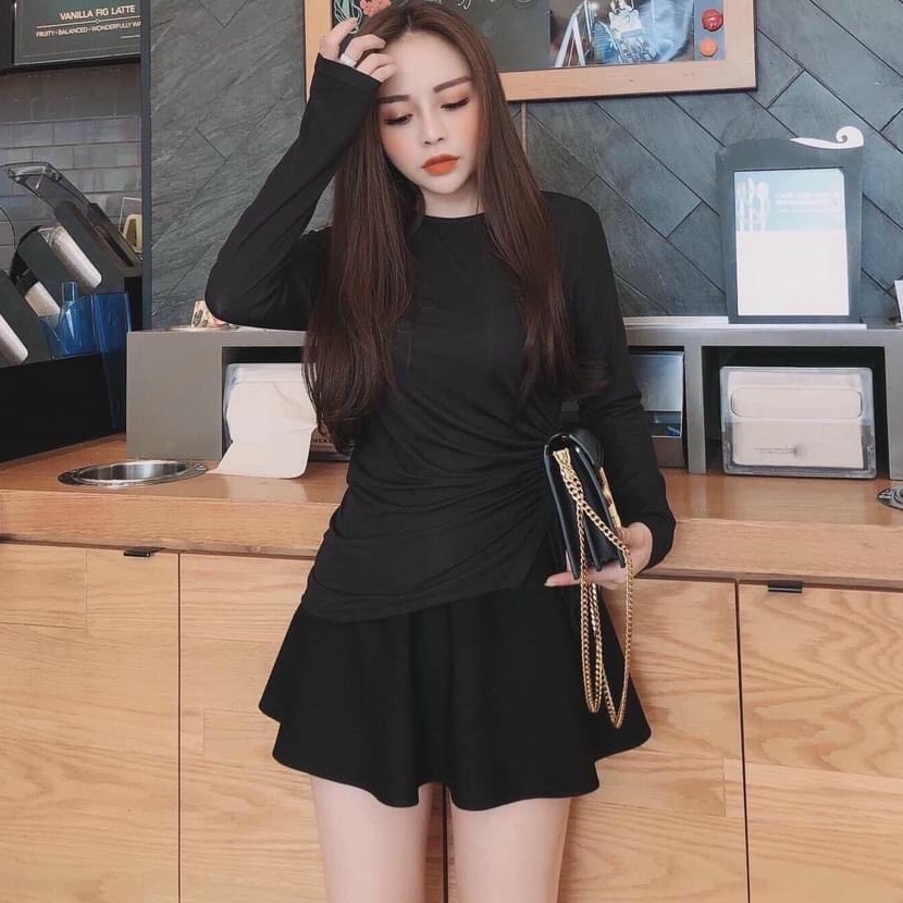 Áo thun gân nhún eo tay dài cổ tròn cao IC445 chất vải mềm mát size dưới 55kg nhẹ nhàng nữ tính