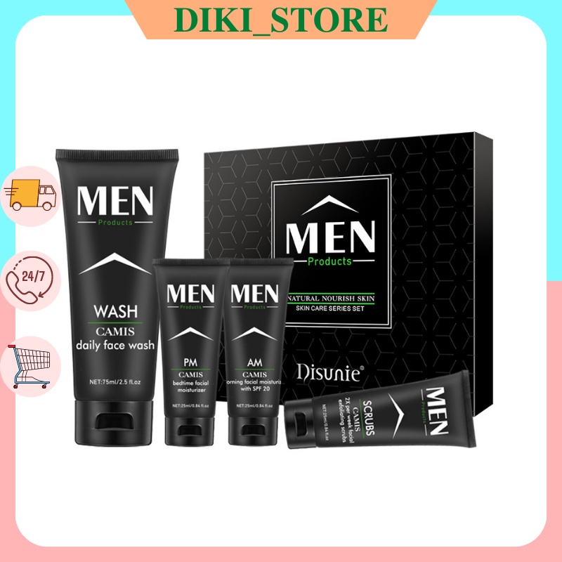 Bộ 4 sản phẩm chăm sóc da sữa rửa mặt + tẩy tế bào chết + kem dưỡng ẩm sáng tối đặc biệt dành cho nam Disunie mới 2021