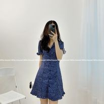 (FREESHIP) Đầm xanh dương hoa nhí tay bèo cổ V