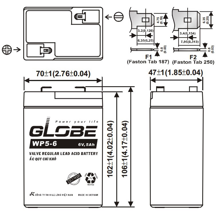 Bình Ắc Quy Khô GLOBE 6V, 5Ah WP5-6