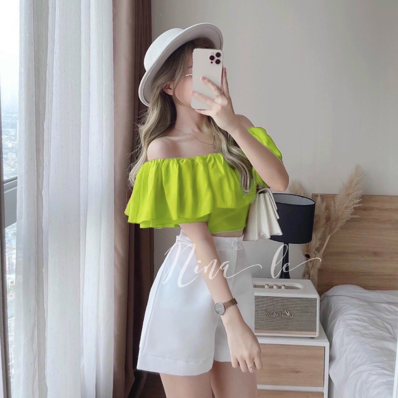 SET ÁO XANH RỚT VAI TẦNG + SHORT TRẮNG