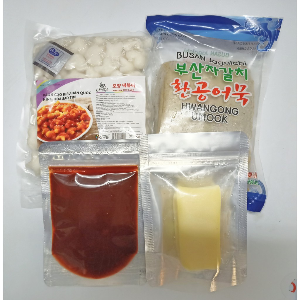 COMBO 500g BÁNH GẠO HOA SAO TIM + 450G CHẢ CÁ HÀN QUỐC+ 100G SỐT+100G PHÔ MAI MOZZA