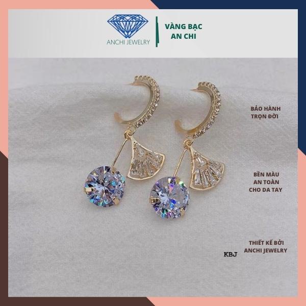 Bông tai công chúa đá tròn, khuyên tai hình quạt - bạc ta sáng đẹp không đen xỉn - An chi Jewelry
