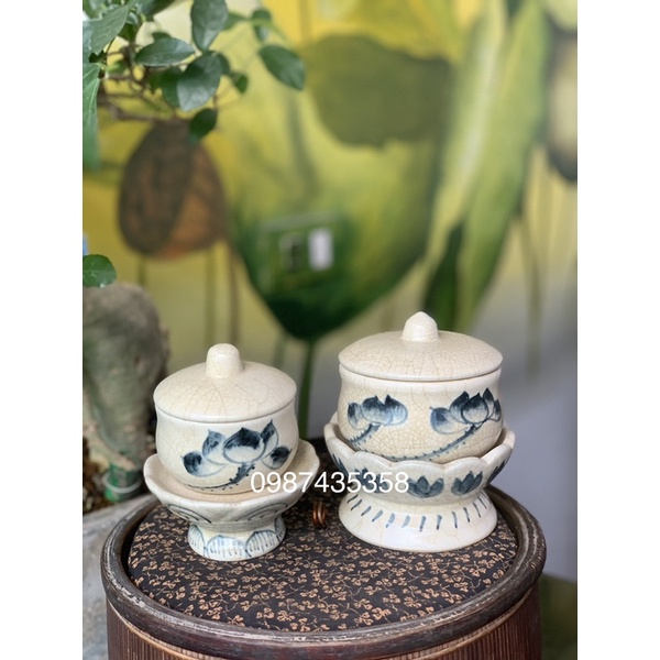 Bát sâm bát nước cúng men rạn sen gốm Bát Tràng
